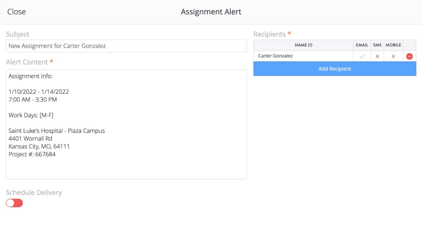 Screenshot of Procore's assignment alert