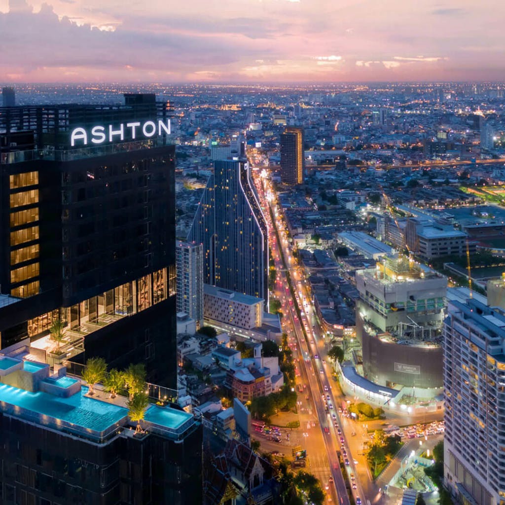Drone shot of the Ashton condo complex in Bangkok, Thailand.