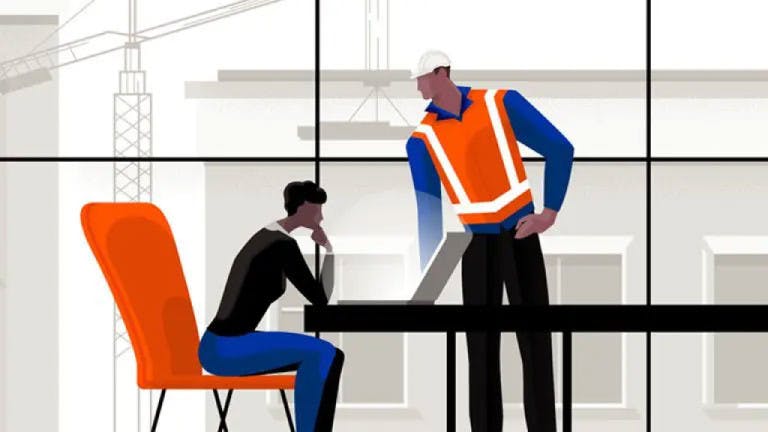 Illustration of an owner and a contractor having a conversation on an office